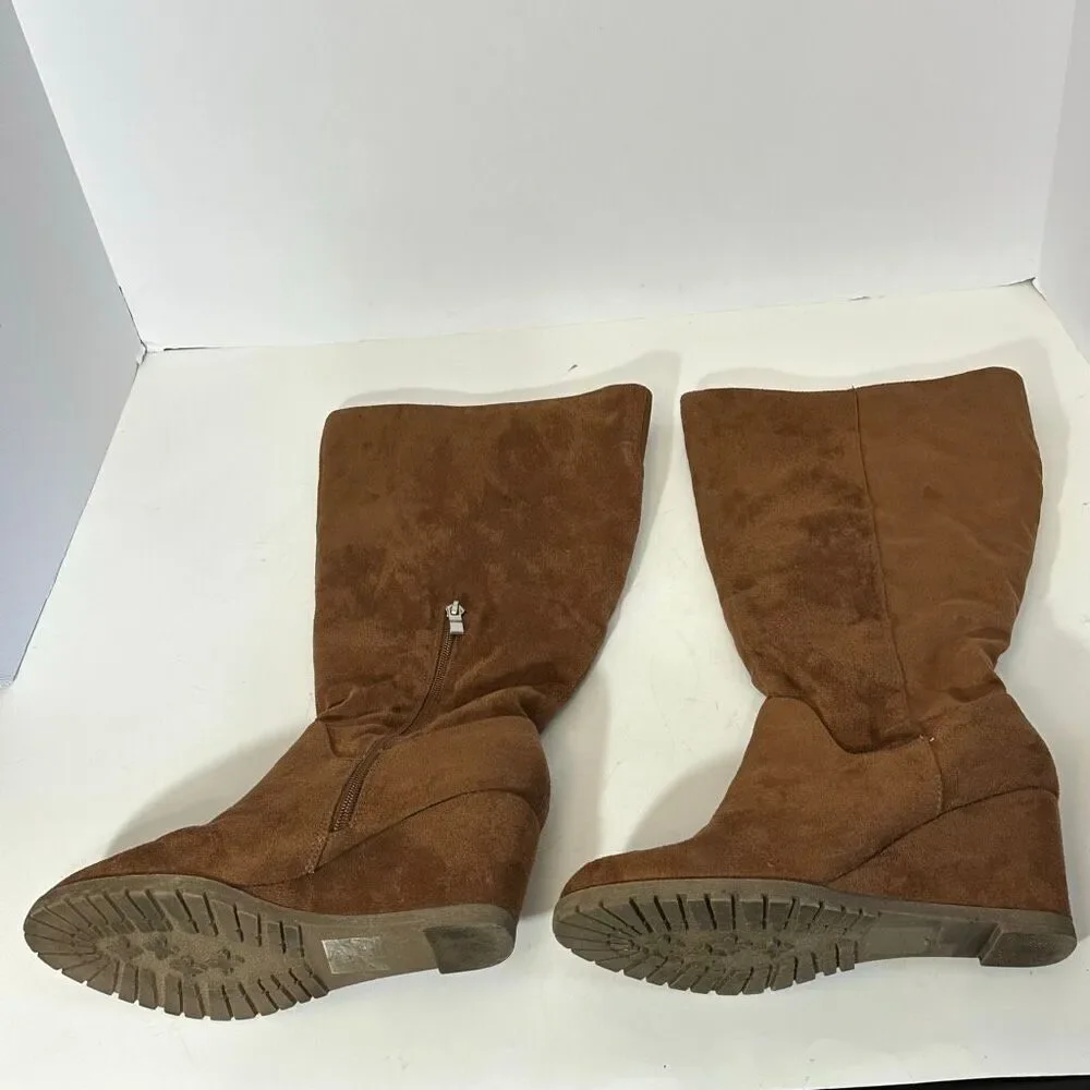 Journee Collection Women’s Micro Suede Knee High Wedge Boots Brown/Tan Faux Sued